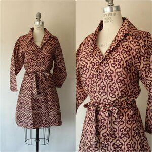 Vintage 1960s 1970s Dress, Burgundy and Ivory Batik Ethnic Print Wrap Dress